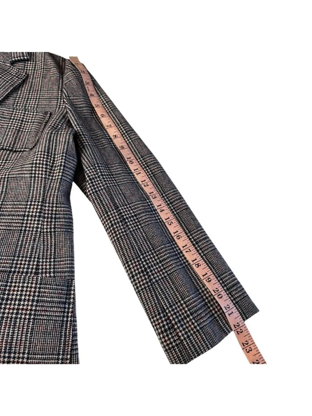 Vintage 70s Houndstooth Plaid Blazer Navy Burgundy Wool Look Tailored Jacket